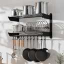 YIGII 30 Inch Pot Rack Wall Mounted, 2-Tier Pots and Pans Organizer with 12 Anti-Drop Hooks, Heavy Duty Kitchen Wall Shelf for Cookware, Lids, Utensils, Black