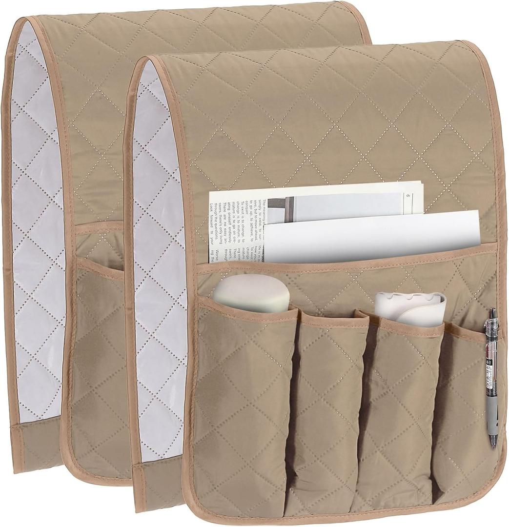 uxcell 2 Pcs Recliner Armchair Caddy, Couch Armrest Organizer with 5 Pockets for Bedside Sofa Remote Control Holder Magazine Phone Book Glasses (Beige, 35"x13")