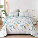Dinjoy King Size Quilt Set Floral,3 Piece Aqua Farmhouse Bedding Set Lightweight Flower Bedspreads White Coverlet Bed Sets Cute Boho King Quilts for Summer All Season(110"x90")