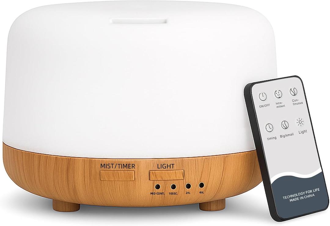 Aromatherapy Essential Oil Home Diffuser with Remote Control, 300ML Large Room Cool Mist Air Humidifier, 8 Hours Quiet Operation, Timer, 7 Colors LED Night NightSuitable Home,Yoga. (Yellow Wood Grain)