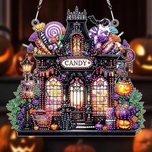Motiskyy Halloween Candy Shop Diamond Art Hanging Kits for Adults 5d Special Shaped Rhinestone DIY Acrylic Painting Hanging Ornament Halloween Diamond Art Window Pendants Home Wall Craft