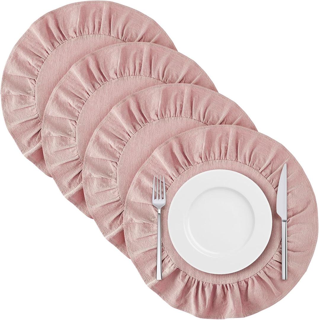4 Pcs 15 Inch 100% Cotton Scalloped Round Placemats, Thin Pink Place Mats with Ruffle, Washable Placemats Table Mats for Kitchen Dining Holiday Gatherings Decor