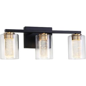 3-Light Black Bathroom Light Fixture, Dimmable 5CCT Black and Gold Bathroom Vanity Lights, 2700K to 6500K Modern Crystal Bubble LED Wall Sconce Over Mirror with Clear Glass