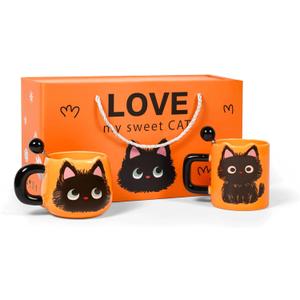 FunFink Cute Black Cat Couple Coffee Mugs Gift Set - Ceramic Matching Mugs with Spoons, Set of 2 (12.8 oz & 13.5 oz), Perfect Valentine's Day, Christmas, Anniversary Present for Cat Lovers & Couples