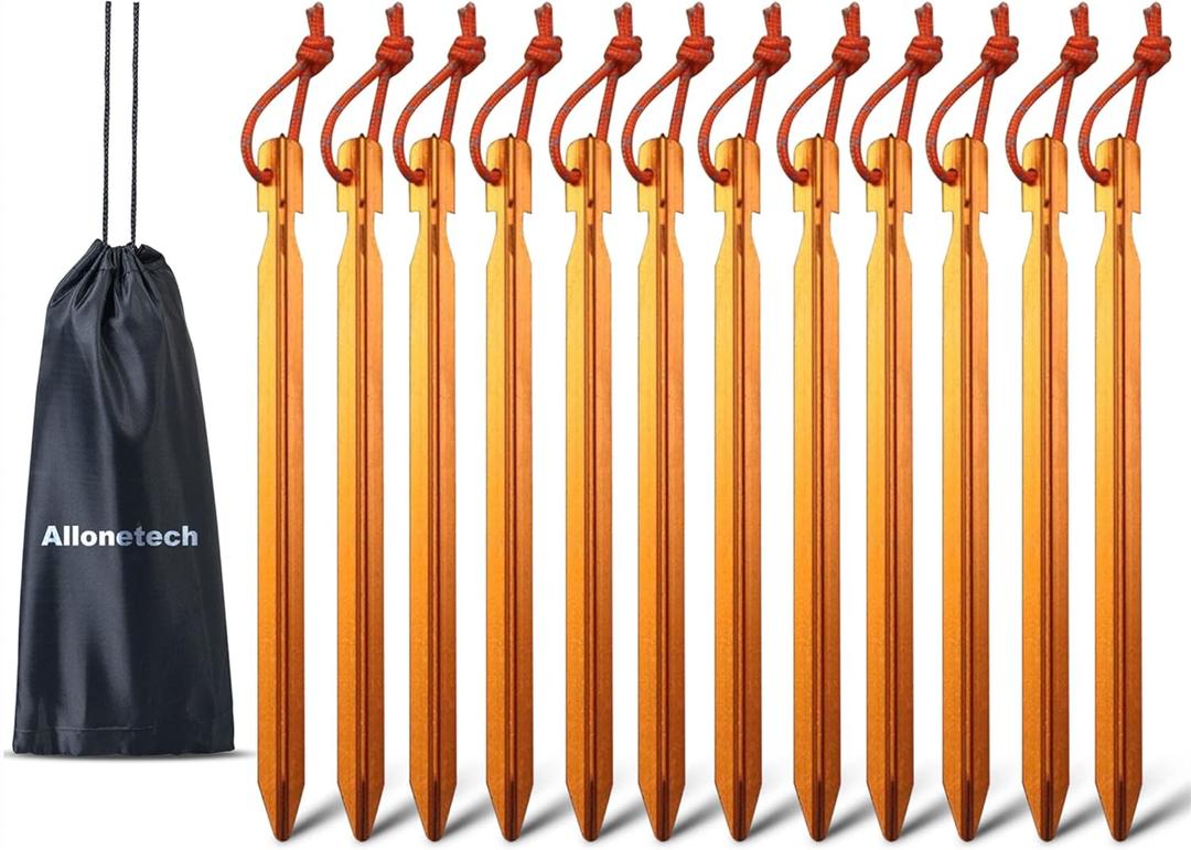 12 Pack Tent Stakes, 7075 Ground Metal Camping Aluminum Tent Pegs, Lightweight Tent Stakes Heavy Duty Spikes Camping Accessories (One Size, Apricot Orange)