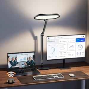 Premium LED Desk Lamp for Home Office  Eye-Caring Double Side Light with Knob Remote, Stepless Dimming & Color, Memory, Metal Table Lamp for Zoom, Studying, Video Conference, Flicker-Free, Glare-Free (Black)