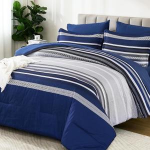 Dobuyly Navy Blue Queen Comforter Set 7 Pieces, Boho Striped Bed in a Bag Queen Size Soft Microfiber All Season Bedding Set with Comforter, Sheets, Pillowcases & Shams