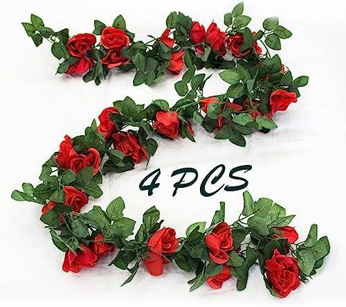 MUYG 2 Pack Artificial Rose Vine Garland Fake Roses Flowers Plants Vines Hanging Floral Leaves Decoration for Wedding Party Table Garden Arch Wall Home Room Decor (Red)