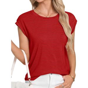LA BAISEO Womens Casual Cap Short Sleeve Striped Tops Summer Open Back T-Shirts Crew Neck Basic Shirts (Red, XXL)