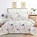 Bedspread Set 3-Piece Lavender Floral Bedding Set Reversible Coverlet Bedspread Queen(90 x 90 Inches), Lilac Flower Botanical Printed Lightweight Quilt Set Bed Cover for All Seasons (Full/ Queen, Purple)