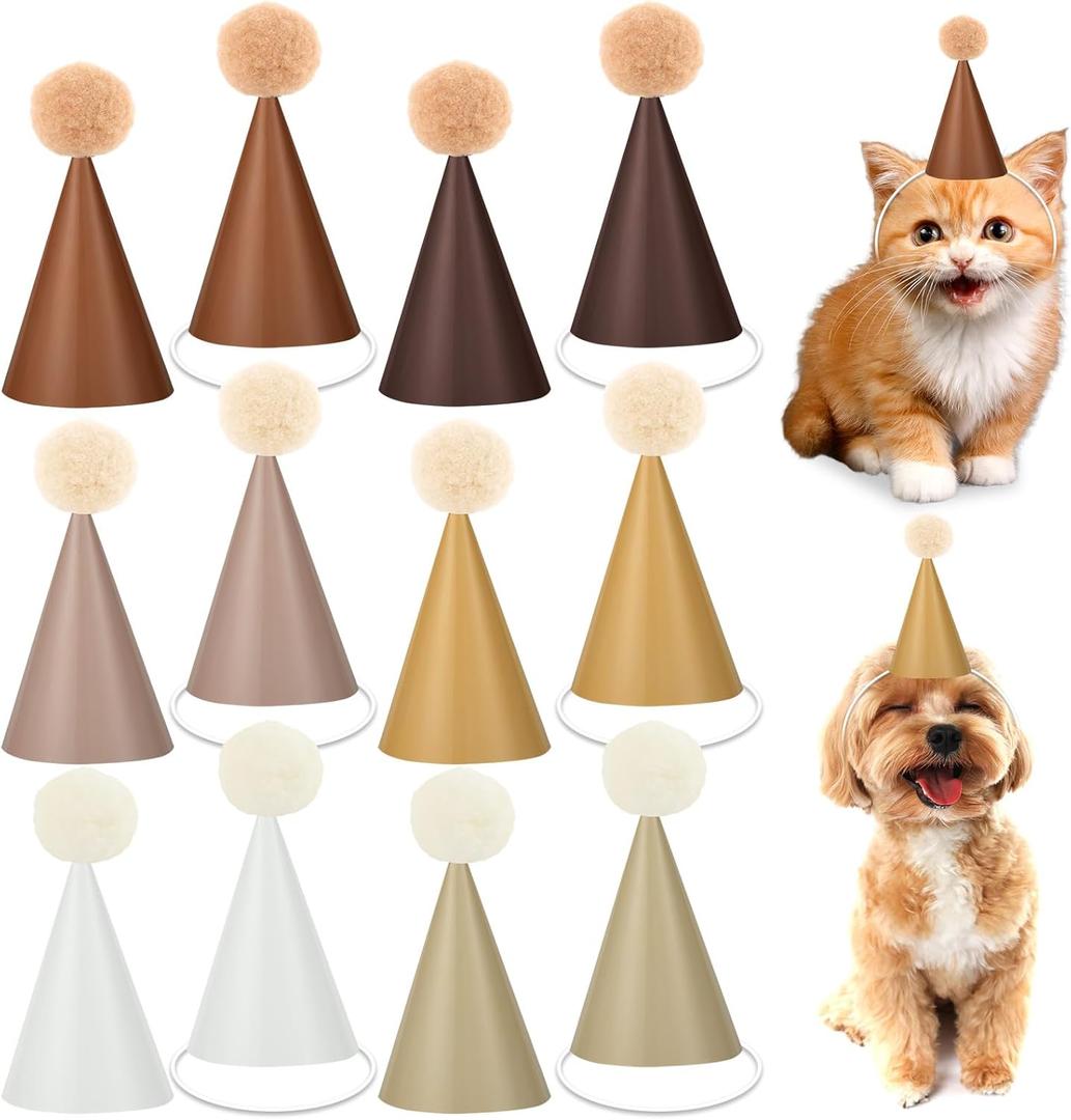 Lonfliness 48Pcs Mini Brown Birthday Party Hats for Stuffed Animals 3Inch Adjustable Cone Caps with DIY Pom Poms Brown Mini Party Hats Pets Dolls Kids Small Boho Birthday Decorations Kit for Holidays