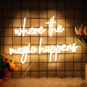 Where The Magic Happens Neon Sign Led Light Up Signs for Wall Decor USB Powered Letter Neon Light Signs for Bedroom Wedding Decor Birthday Party Shop Bar Man Cave 16 x 9.6''(Warm White)