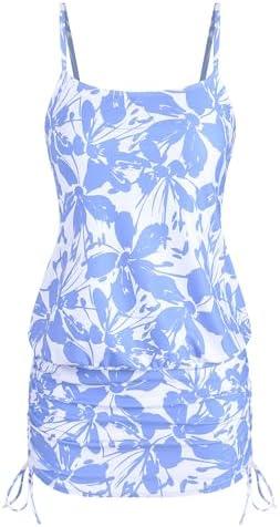 ZAFUL Women Swimdress with Bikini Briefs 2 Piece Tankini Swimsuits Ruched Bathing Suits, M