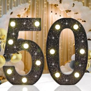 Glitter Black 50 LED Light Up Numbers for Birthday Party, 50th Birthday Decorations for Girls Boys, Decorative Marquee Number for 50 Wedding Anniversary