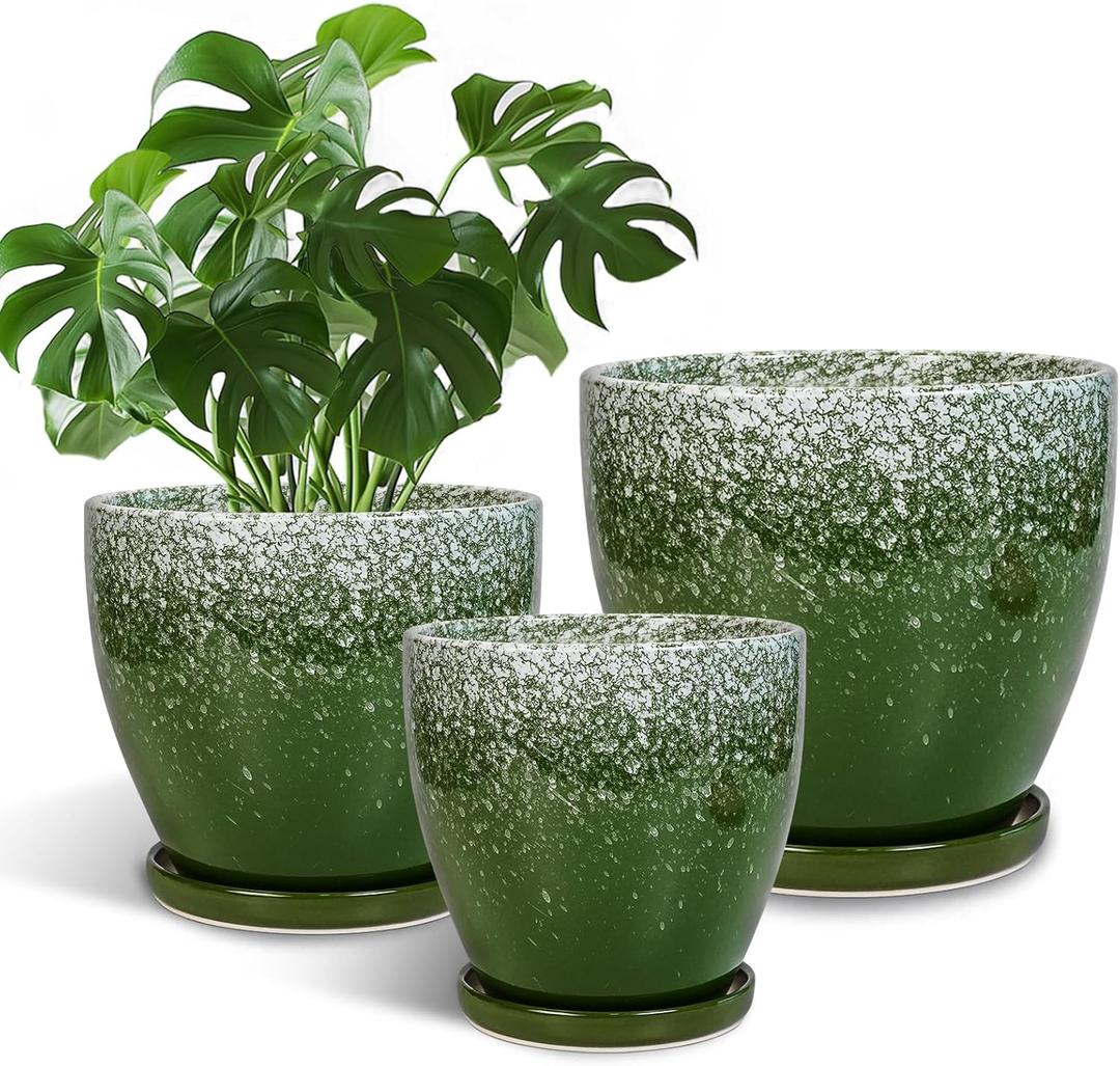Ceramic Planters 3 Pack - 10 Inch 8 Inch 6 Inch Plant Pots for Indoor Outdoor, Round Decorative Flower Pots with Drainage Holes and Saucers, Garden Home Decor, Gift for Women Men, Green