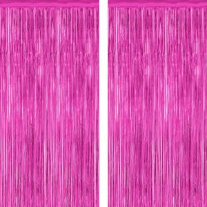2 Pack Hot Pink Party Decorations, 3.28 FT x 7.05 FT Hot Pink Backdrop, Metallic Rose Red Photo Backdrop Foil Curtains Tinsel Backdrop, Metallic Pink Party Decor Wedding Party Supplies