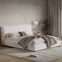 Merax Modern Upholstered Plattform Bed with Linen Pillow-Back Headboard, King Size Wood Floor Bed Frame with High Wingback, No Box Spring Needed, Easy Assemble, Beige