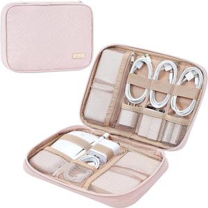 NISHEL Travel Cord Organizer Case, Tech Electronic Bag, Essentials for Charger, Cable, Phone, Hard Drive, USB, SD Card, Pink (Single Layer)
