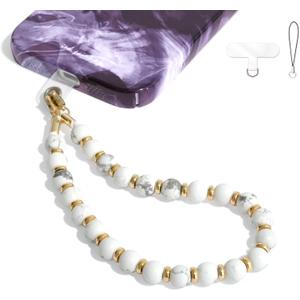 DALSTONE Authentic Gemstone Beaded Phone Wrist Strap, Detachable Phone Bracelet Strap with Tether Tab (White Marble)