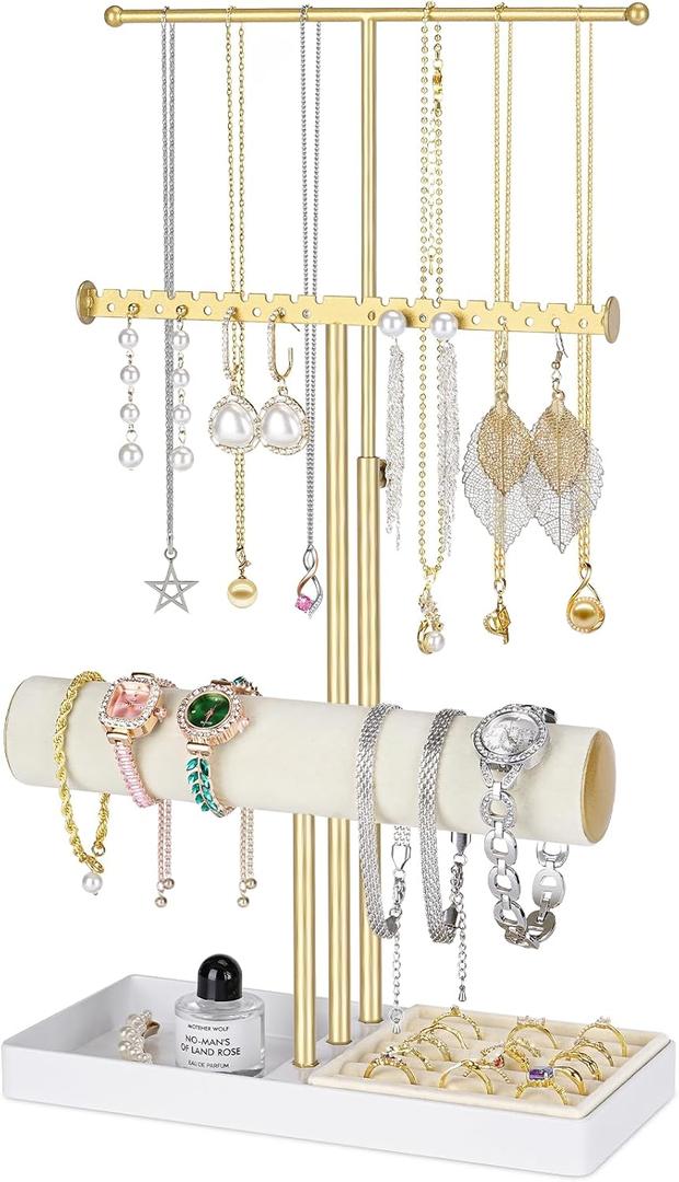 3-Tier Jewelry Stand Jewelry Organizer, Gold Necklace & Bracelet Organizer with Velvet Ring Tray, Sturdy Jewelry Holder for Earrings, Cute & Aesthetic Jewelry Display Tower Gift for Women
