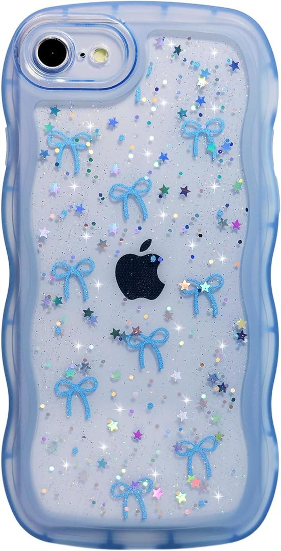 Qokey for iPhone 6S/6 Plus Case 5.5", Glitter Star & Curved Edge Handle Grip Design, Military-Grade Shockproof TPU Cover, Sparkle Protection Scratch-Resistant, Holographic Blue Bow