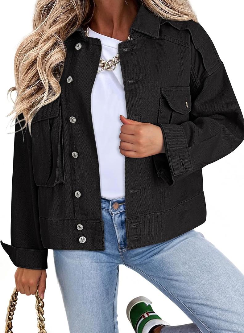 Dokotoo Women's Cargo Jean Jacket - Cropped Button Spring Fashion Coat for Women (XX-Large, Black)