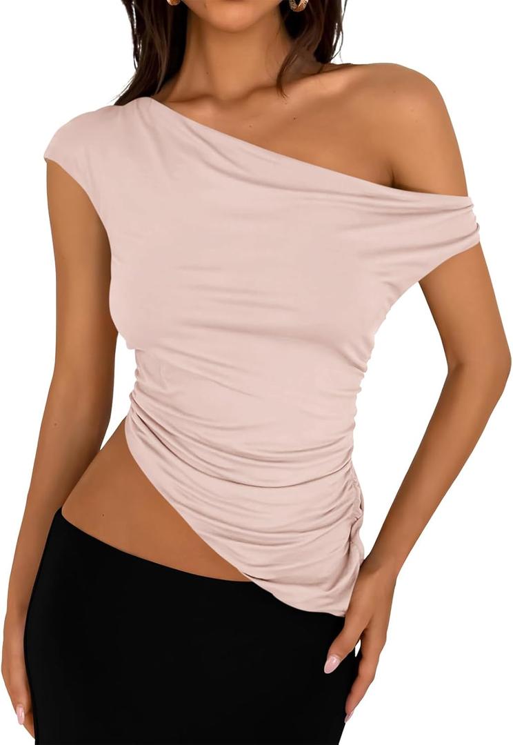 Womens 2025 Summer Off The Shoulder Crop Tops Sleeveless One Shoulder Ruched Asymmetrical Y2k Going Out Tank Top (Pink, L)