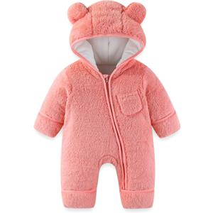 Newborn Baby Bear Outfit With Fold-Over Mittens and Footies Girls Boys Winter Fleece Clothes Hooded Romper Snowsuit (0-3 Months, Thickened-pink)