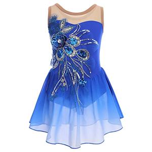Figure Skating Dress for Girls Sequin Flower Mesh Ice Skating Dress Ballet Dance Leotard Dress Chiffon Skirted Ballerina Dancewear for Competition Stage Performance Costume Royal Blue 9-10 Years
