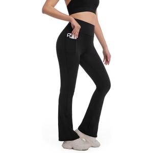 Flare Leggings for Women with Pockets High Waist Tummy Control Casual Yoga Pants for Workout Gym (Black, S)