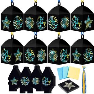 Maitys 16 Sets Eid Mubarak Lantern Craft Kit, Ramadan DIY Islamic Paper Lanterns with Transparent Tissue Paper Strings, Star and Moon Patterns Decor for Mosque Home Eid Party Decoration