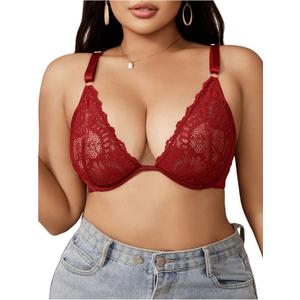 MakeMeChic Women's Plus Size Bra Floral Lace Spaghetti Strap Underwire Push Up Bralette (3X-Large Plus, Burgundy)