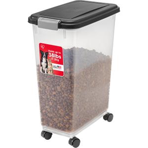 IRIS USA Airtight Dog Food Storage Container, Up to 38 lbs, Attachable Wheels, For Dog Cat Bird and Other Pet Food Storage Bin, Keep Fresh, Translucent Body, Easy Mobility, Black