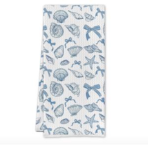 Blue Bow Beach Coastal Seashell Kitchen Towels, Coastal Nautical Dish Tea Towels, Preppy Ocean Conch Shell Starfish Decorative Hand Towel for Kitchen Bathroom, 16x24 Inch
