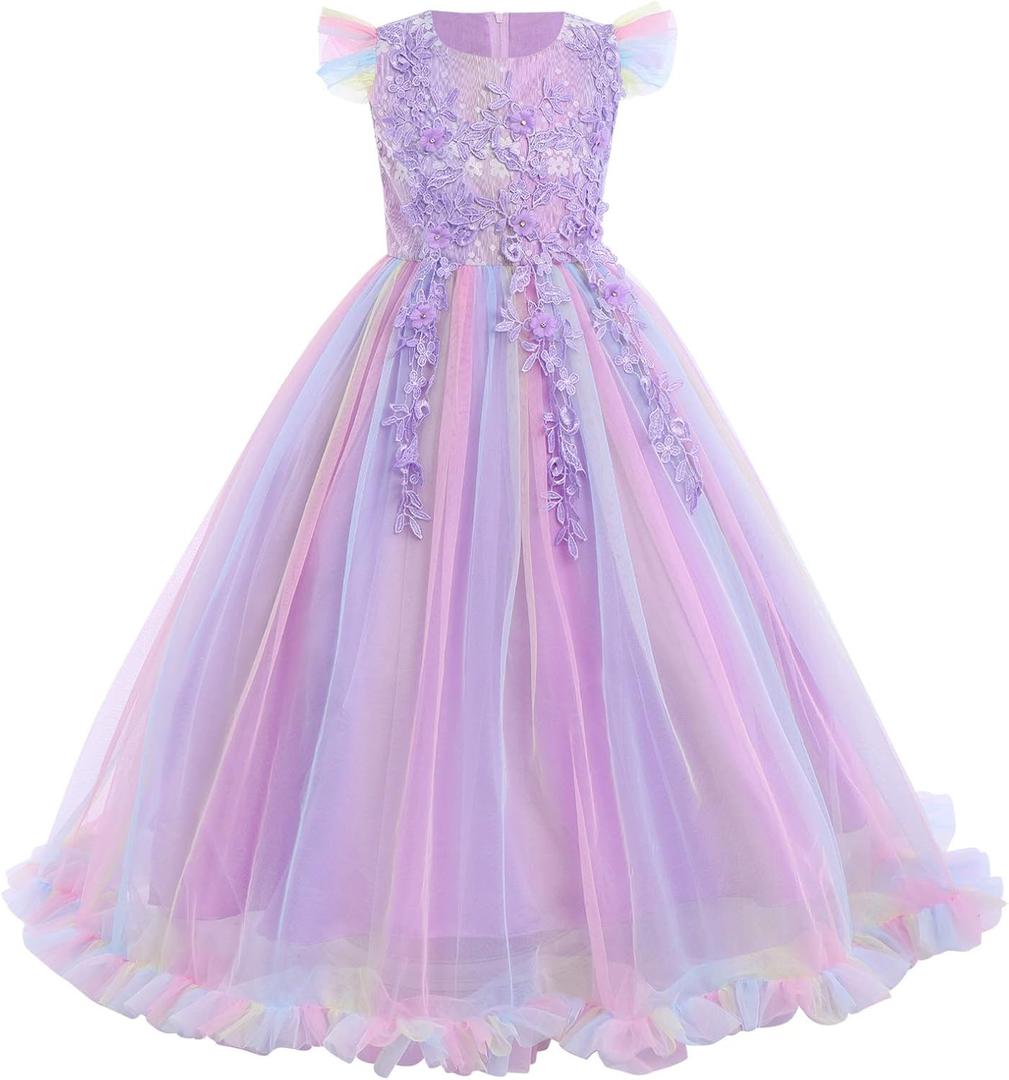 Flower Girls Maxi Dress Bridesmaid Wedding Pageant Party Princess Communion Floral Boho Vintage Lace Dance Gown, Size 140 (Purple)