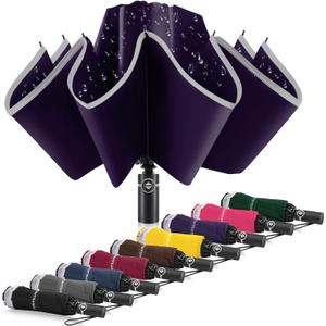 Bodyguard Inverted Umbrella - Large Windproof for Rain & Sun, Compact Reverse With Reflective Stripe, Teflon-Coated for Women Men, Travel Folding With Cover Bag (46 IN, Purple)