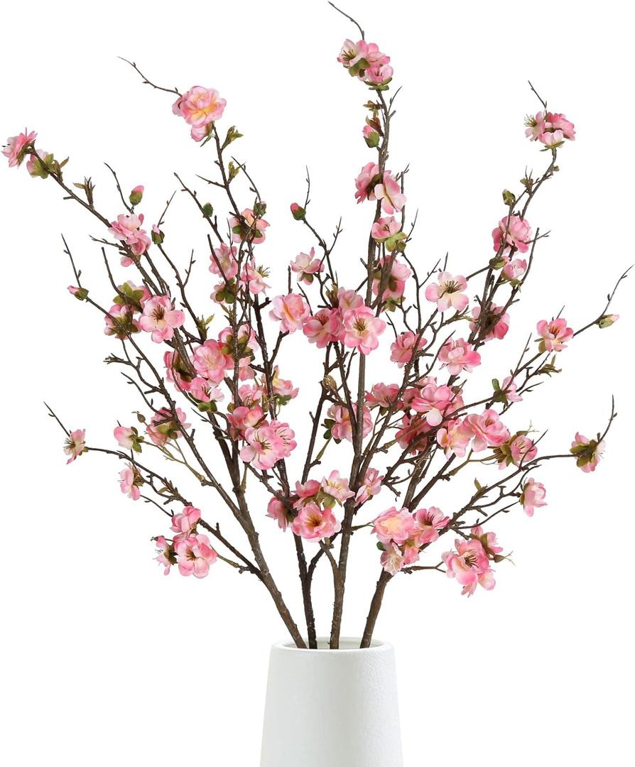 Artificial Cherry Blossom Branches 4PCS Faux Cherry Blossom Branches Spring Peach Cherry Blossoms Stems Pink Silk Flowers Plum Blossom Fake Flowers for Vase Home Wedding Decor (Light Pink)