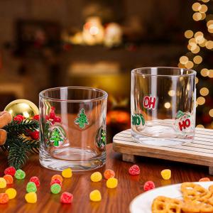 FYSUIMU Christmas Icon Juice Glasses 14oz Xmas Pine Tree Ho Stemless Wine Drinking Glass Cup for Winter Holiday Party Supplies, Set of 2