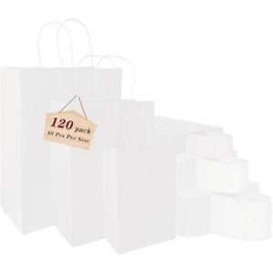 vanhel 120 pack White Gifts Bags with Handles Assorted Sizes Mixed Sizes Bulk Kraft Paper Gift Bags Take Out Bags for Business, Merchandise, Shopping, Retail, Favors Grocery