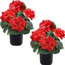 2 Pack Artificial Geranium Fake Flowers for Outdoors Spring Summer Decor, Silk Geraniums Red Flowers UV Resistant Faux Flower Potted Plants for Gardens Farmhouse Indoor Home Table Decor (Red)