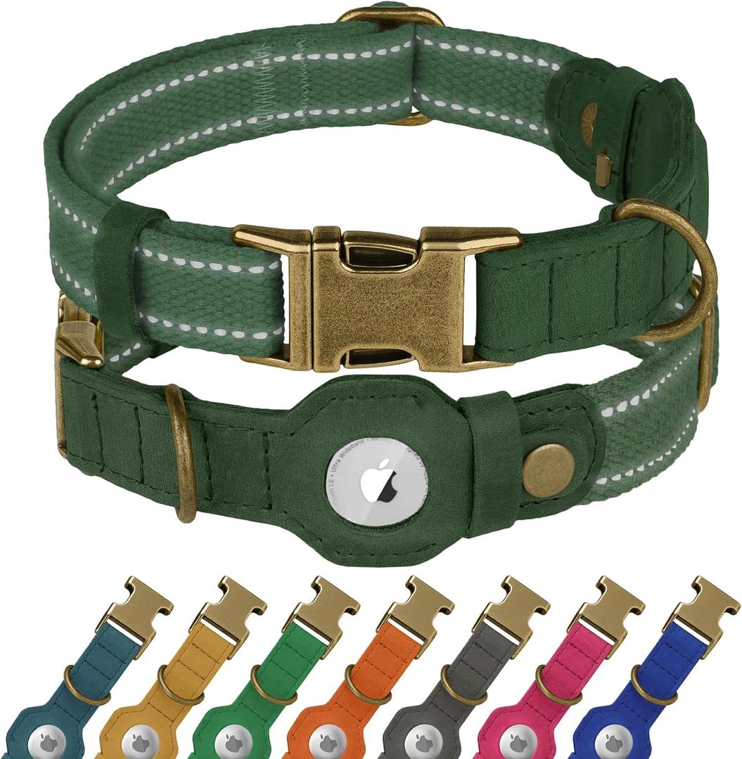 Reflective Leather Dog Collar with AirTag Holder - Soft Apple Airtag Dog Collar with Metal Buckle - Safety Cotton Pet Collars for Dogs Small Large Dogs Puppy (Hunter Green, XS, 9&quot;-12&quot;)
