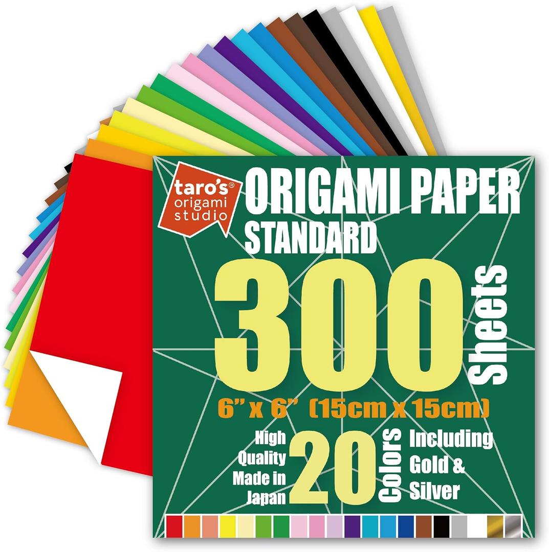 [Taro's Origami Studio] Standard 6 Inch One Sided 20 Colors 300 Sheets Square Easy Fold Premium Japanese Paper for Beginner (Gold and Silver Included) Made in Japan