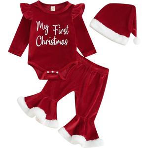 FIOMVA My First Christmas Baby Girl Outfit Newborn Fall Winter Onesie Bell Bottoms Hat 3pcs Set Romper Pants Clothes (6-12 Months, D Red)