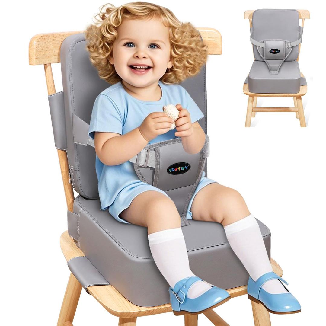 Toddler Booster Seat for Kitchen Chair with Removable Backrest & Adjustable Straps, PU Portable Waterproof & Non-Slip Booster Seat for Dining Table, Travel Child Eating Cushion-Light Grey