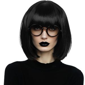 Linfairy Short Black Bob Fluffy Wig Halloween Cosplay Costume Wig for Women with Glasses Frames