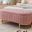 Pink Velvet Storage Ottoman with Button Tufting, Metal Legs 