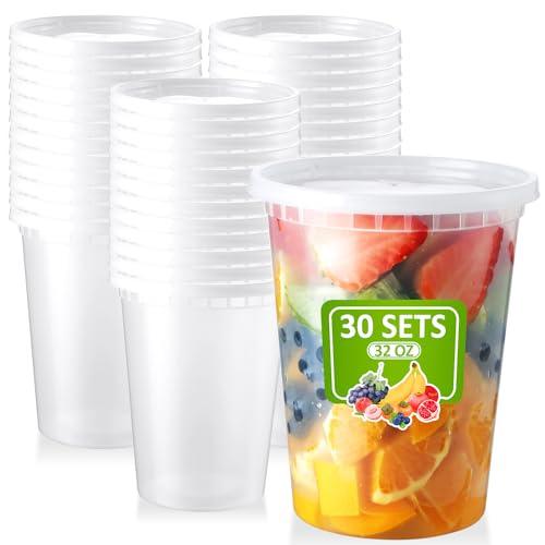 NEEBAKE 30 Set 32oz Deli-Containers-with-Lids, Airtight Food-Storage-Containers, Microwaveable & Freezer Safe Plastic-Storage-Containers-with-Lids, Soup Slime Overnight Oat To-Go-Containers