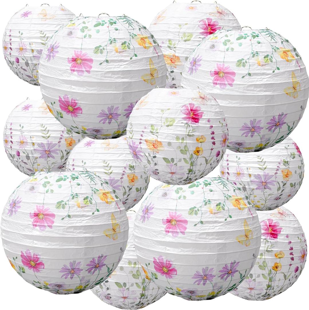 Baquler 12 Pcs Wildflower Paper Lanterns Party Decorations Pink Purple Floral Hanging Lanterns 3 Styles for Baby in Bloom Baby Shower Wedding Garden Tea Summer Home Indoor Outdoor Party Decor