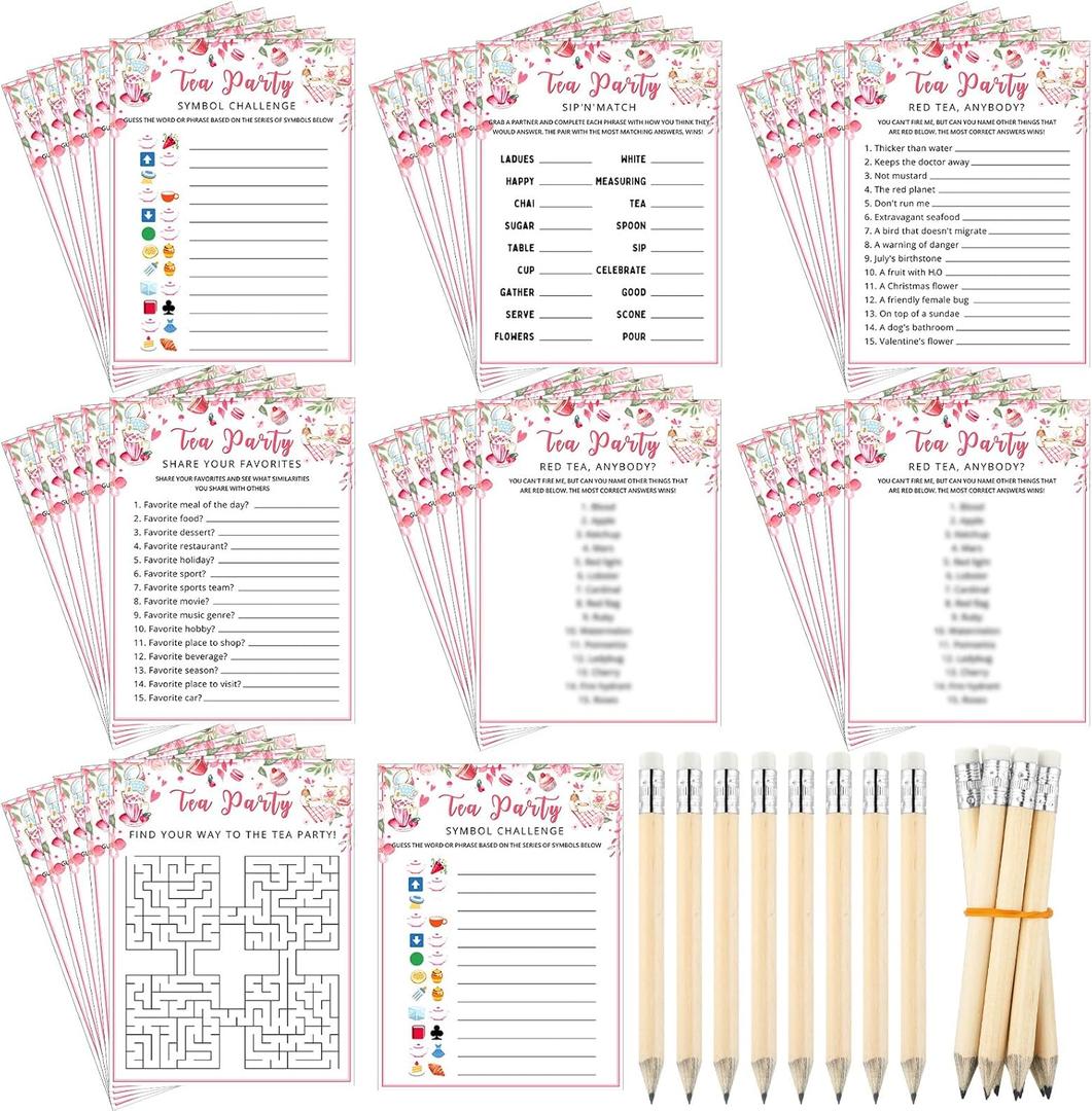 202 Pcs Tea Party Games 40 Players Floral Tea Party Cards Garden Tea Party Games for School Party, Birthday, Bridal Shower, Garden Tea Party, Family Activities Party, Group Activity