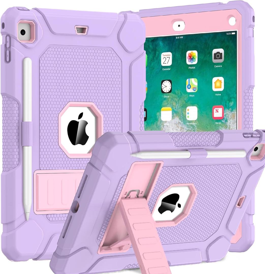 BMOUO Case for iPad 6th 5th Generation (iPad 9.7 inch, 2018/2017), Shockproof Protective iPad 9.7 Case with Built-in Stand/Pencil Holder for iPad 6th/5th Gen, Air 2, Light Purple